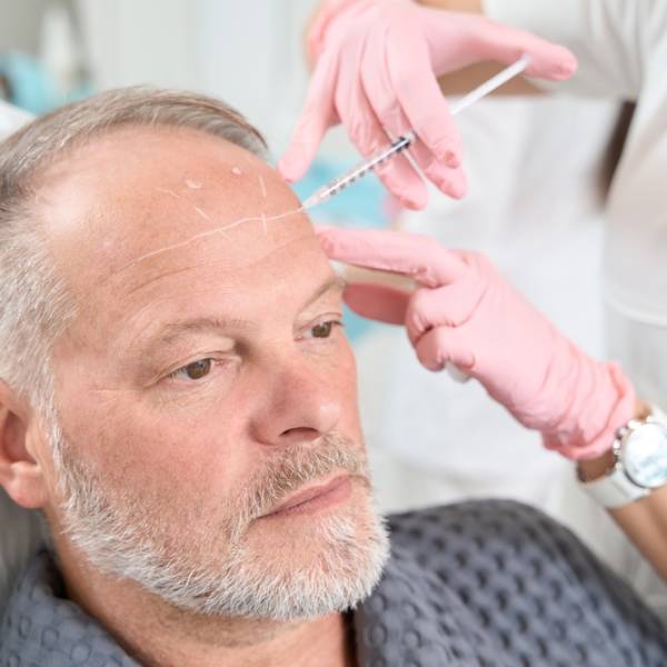 Gray-haired,Man,With,A,Beard,Receives,Injections,In,The,Forehead